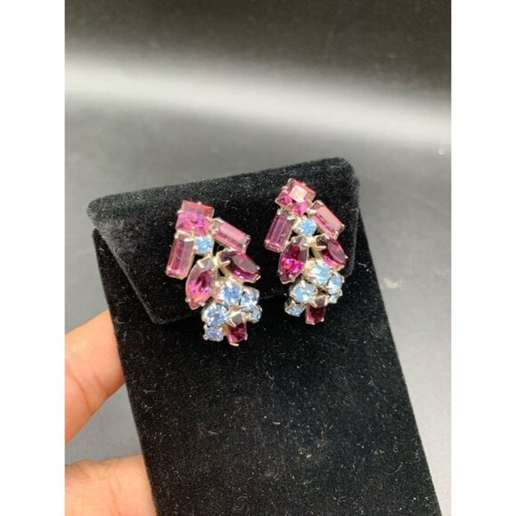 Purple and Blue Clip On Rhinestones Earrings Fancy Rhinestones Vintage Clips - Picture 2 of 5